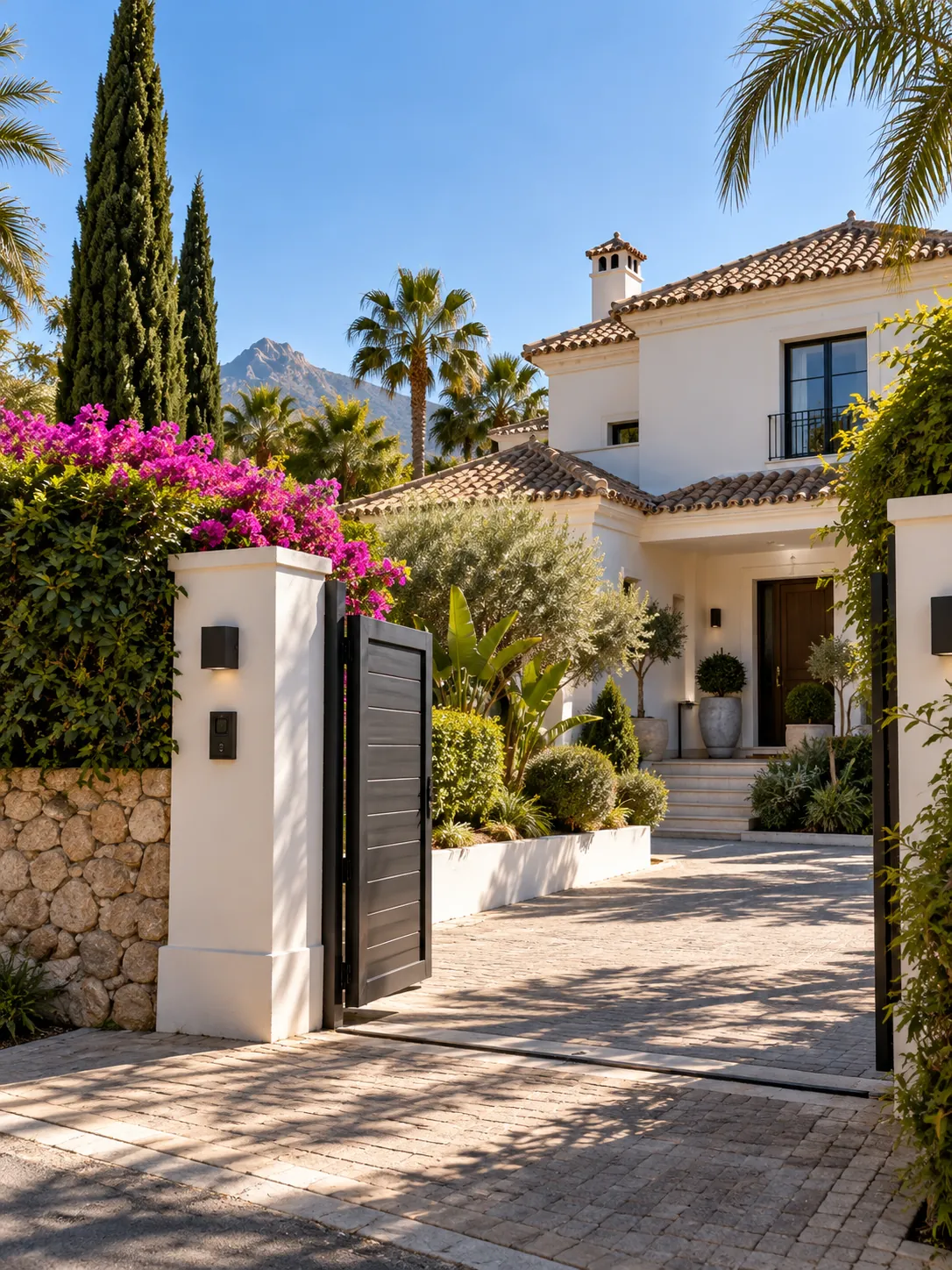 Entrada de chalet de lujo con jardín y acceso privado en Marbella, vivienda para instalación de alarmas de seguridad.
