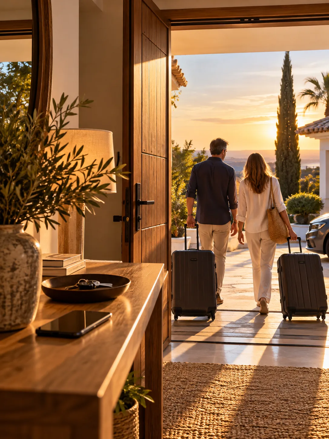 Pareja saliendo de una vivienda con maletas, imagen sobre la protección de segundas residencias en Marbella