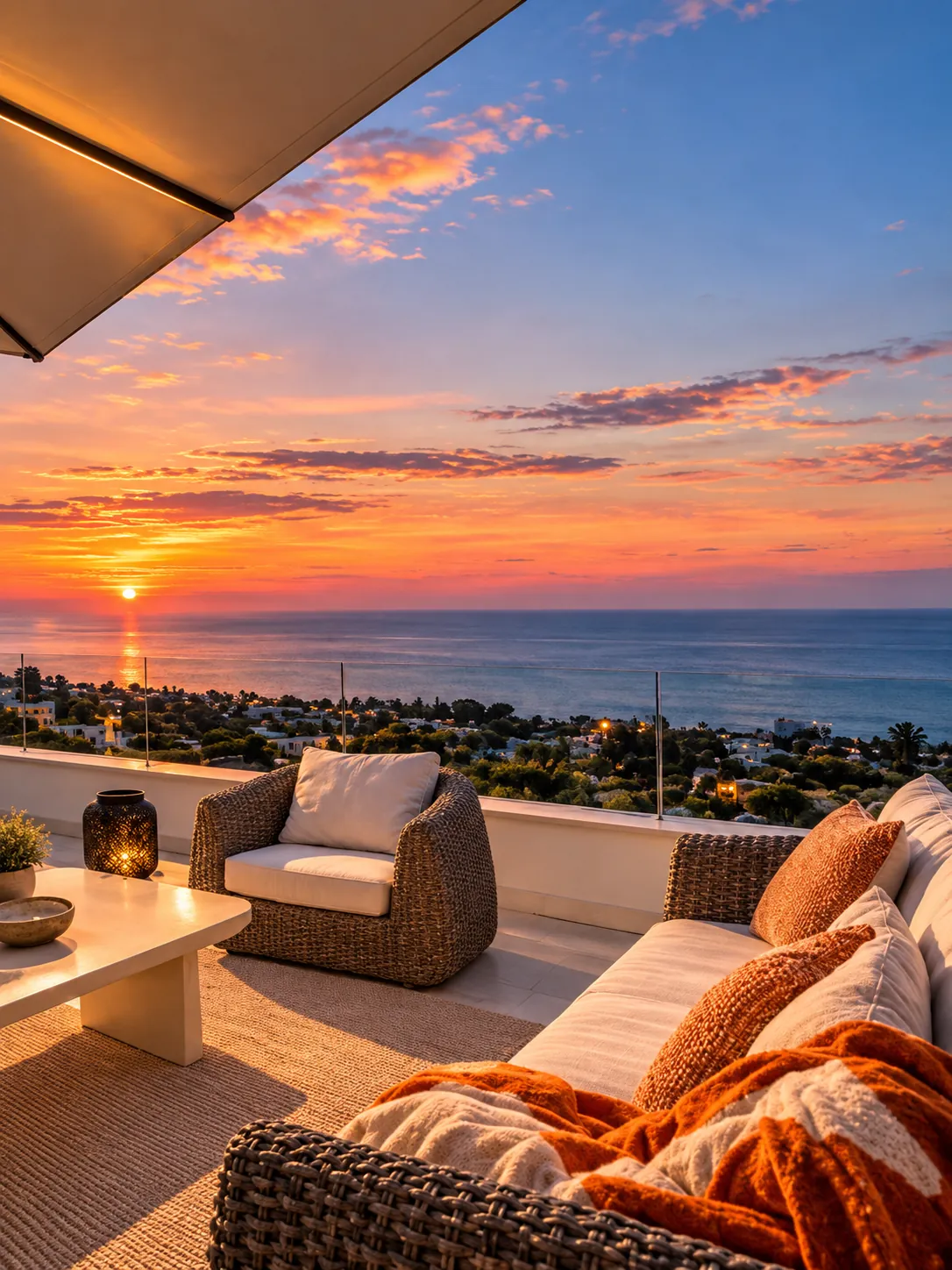 Terraza de vivienda de lujo con vistas al mar al atardecer en Marbella