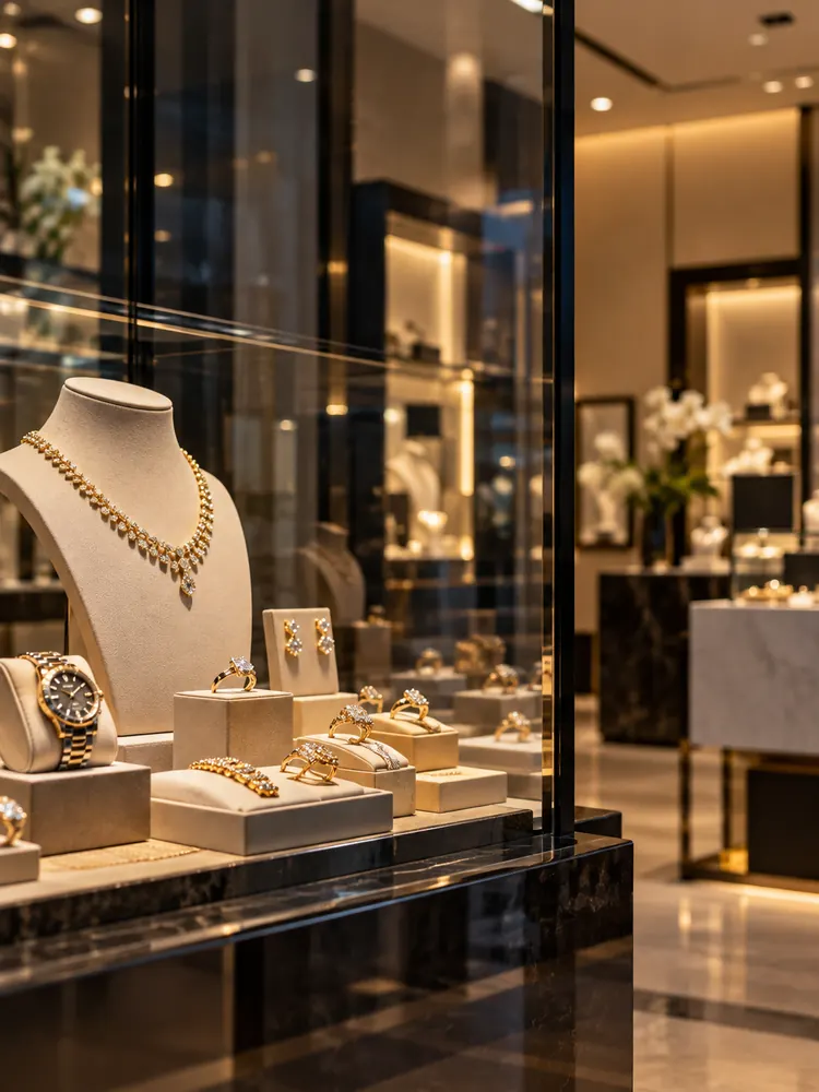 Escaparate de joyería de lujo en Málaga. Joyería con vitrinas y exposición de joyas