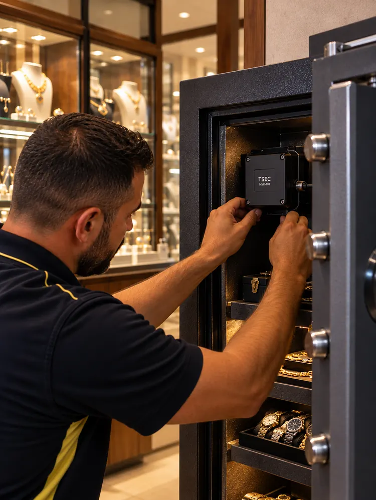 Sistema de alarmas para joyerías en Málaga con protección sísmica de cajas fuertes. Técnico instalando un sensor sísmico de seguridad en una caja fuerte de joyería en Málaga